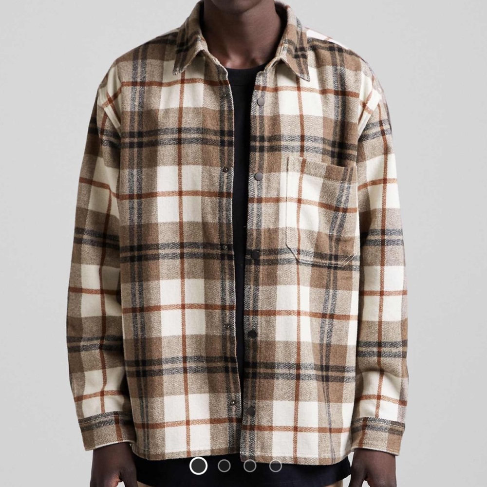 ASOS BERSHKA mens plaid brown checkered flannel over shirt jacket sz M